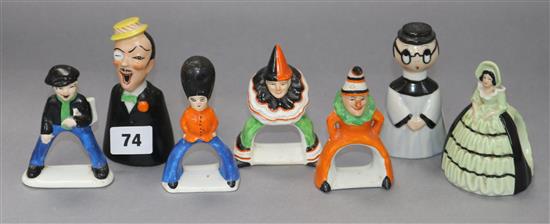 Five Carlton Ware novelty figural napkin holders and two similar bells tallest 11cm